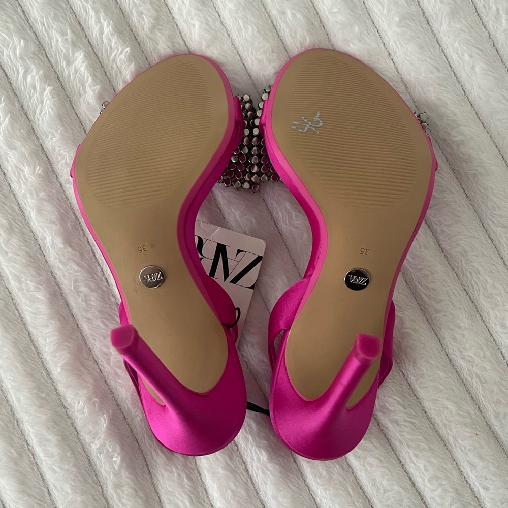 Zara Fuchsia Embellished Bow High Heel Slingbacks - Picture 8 of 13